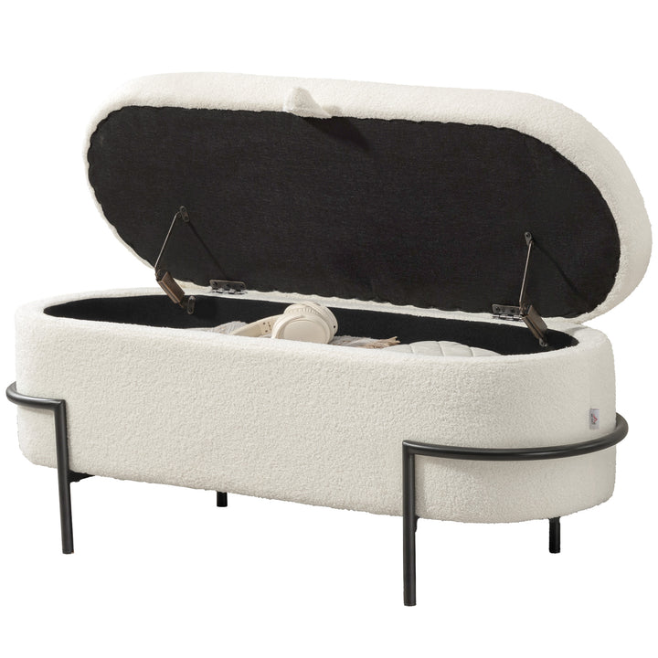 HOMCOM Storage Ottoman with Lift-Up Lid and Steel Legs, 45 Inches Sherpa Fleece Storage Chest for Living Room, Cream White
