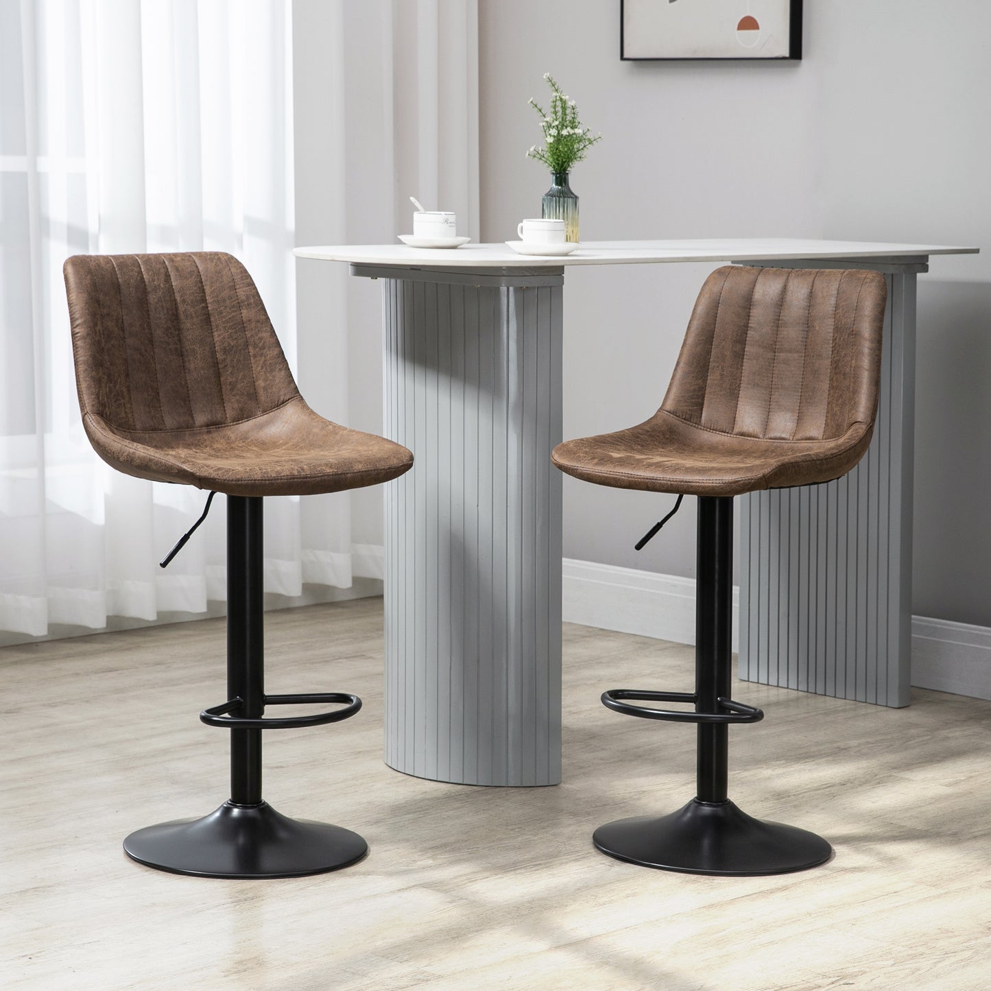 HOMCOM Adjustable Bar Stools Set of 2, Leathaire Swivel Barstools with Back and Footrest, Upholstered Bar Chairs for Kitchen, Dining Room, Home Pub, Brown