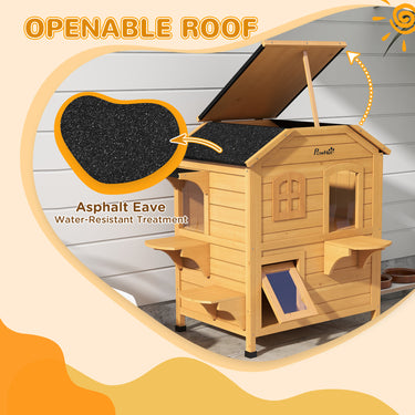 PawHut 2-Storey Outdoor Cat House, Wooden Catio with Openable Roof, Lounge Space, Fun Entrances, for Feral Cats, Yellow