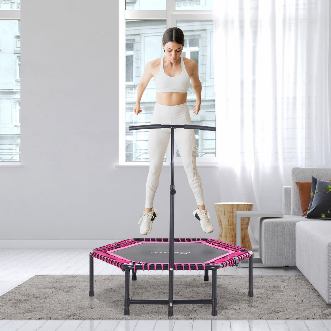 Soozier 48" Adult Hexagon Rebounder Trampoline Fitness Bungee Jumping Cardio Trainer Outdoor Bouncer Jumper Adjustable Bar Pink