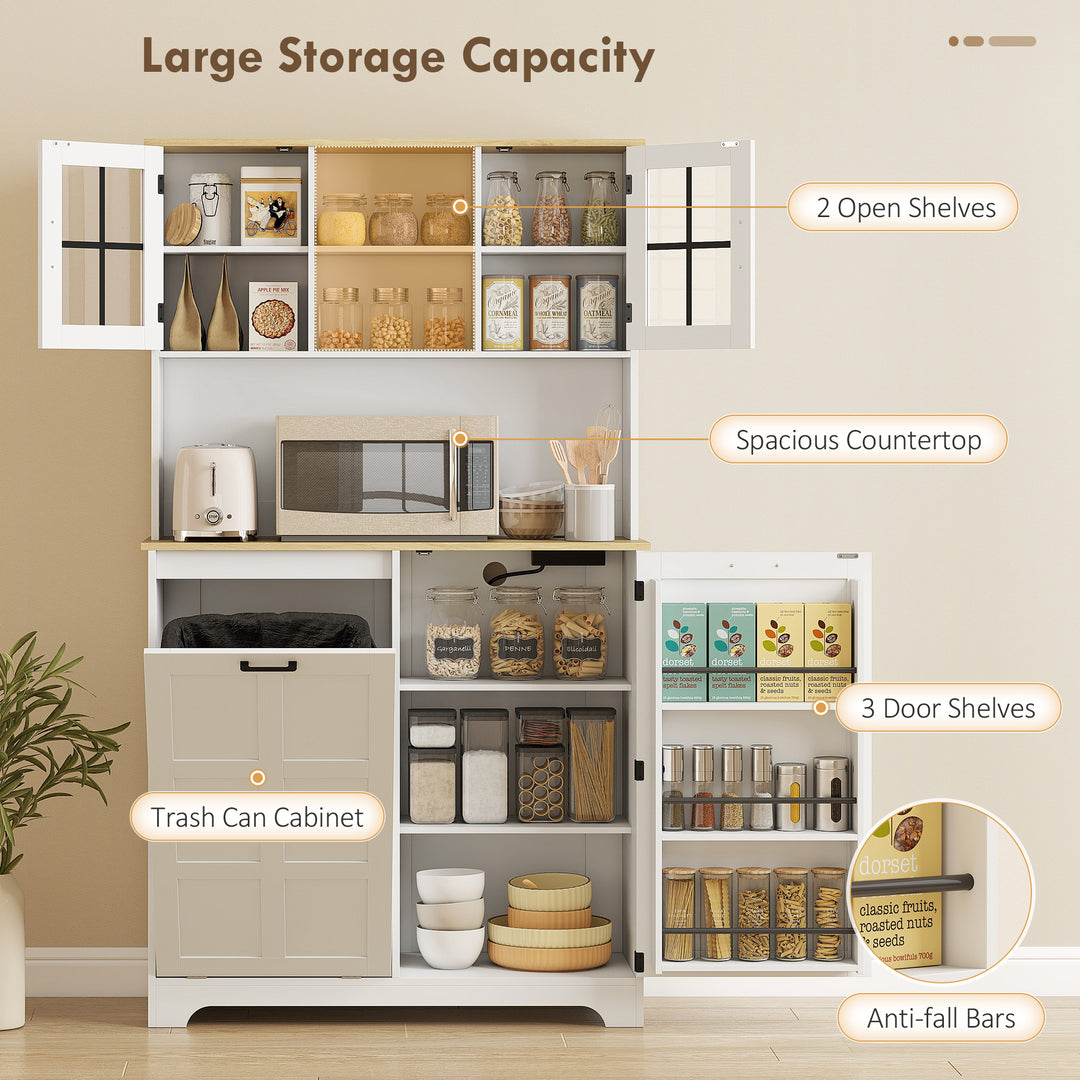 HOMCOM Kitchen Pantry Cabinet with Charging Station, 7 Gallon Trash Can Cabinet, Adjustable Shelves and Acrylic Doors, Black