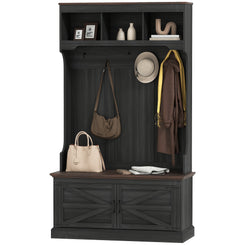 HOMCOM 3-in-1 Hall Tree with Bench, Coat Rack with Shoe Storage, Distressed Black