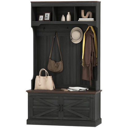 HOMCOM 3-in-1 Hall Tree with Bench, Coat Rack with Shoe Storage, Distressed Black
