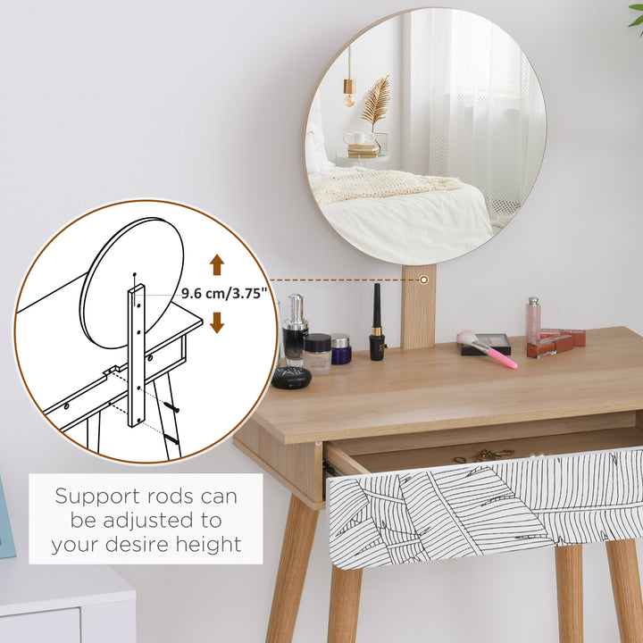 HOMCOM Vanity Table, Makeup Vanity with Drawer and Height Adjustable Mirror, Dressing Table with Wood Legs for Bedroom, Oak