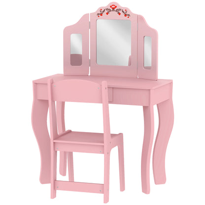Qaba Kids Vanity Set, Dual-Use Dressing Table with Removable Tri-Folding Mirror and Drawer, for Ages 3-8, Pink