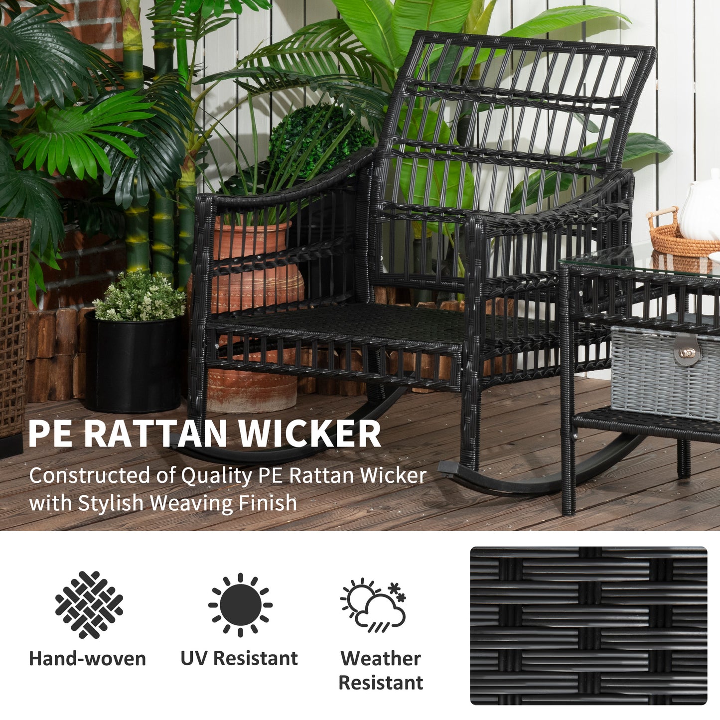 Outsunny 3 Pieces Outdoor PE Rattan Rocker Chair Set, Rocking Chair with Tempered Glass Table Top,25"x26"x28", Turquoise Green