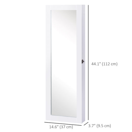HOMCOM White Mirrored Jewelry Cabinet Hanging Wall Mount Real Glass Mirror Locked, White