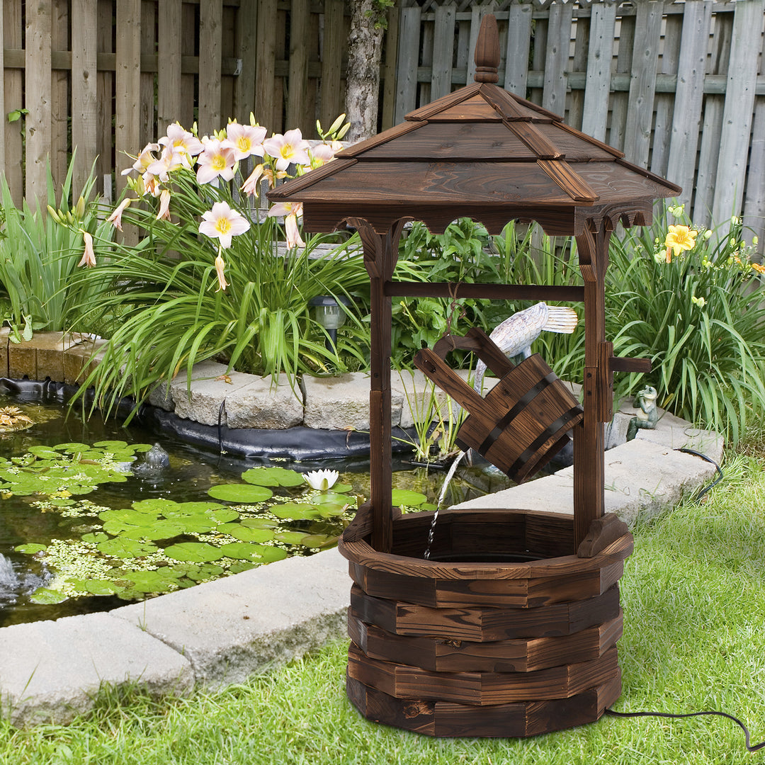 Outsunny Outdoor Waterfall Fountain w/ Pump Natural Wood Wishing Well Garden Decor, 22.5x22.5x47.25