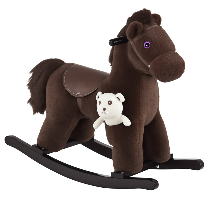 Qaba Kids Plush Ride-On Rocking Horse with Bear Toy, Children Chair with Soft Plush Toy & Fun Realistic Sounds, Blue