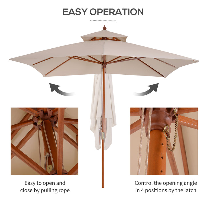 Outsunny 10x10ft Wood Square Patio Umbrella Garden Market Parasol Sunshade Canopy with 2 Pulley Pagoda Style, Khaki