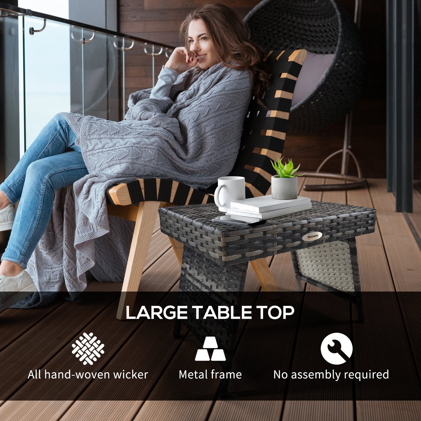 Outsunny Outdoor Rattan Foldable End Table, Metal Frame Patio Wicker Table, Coffee Table Side Table for Poolside, Lawn, Garden, Mixed Grey