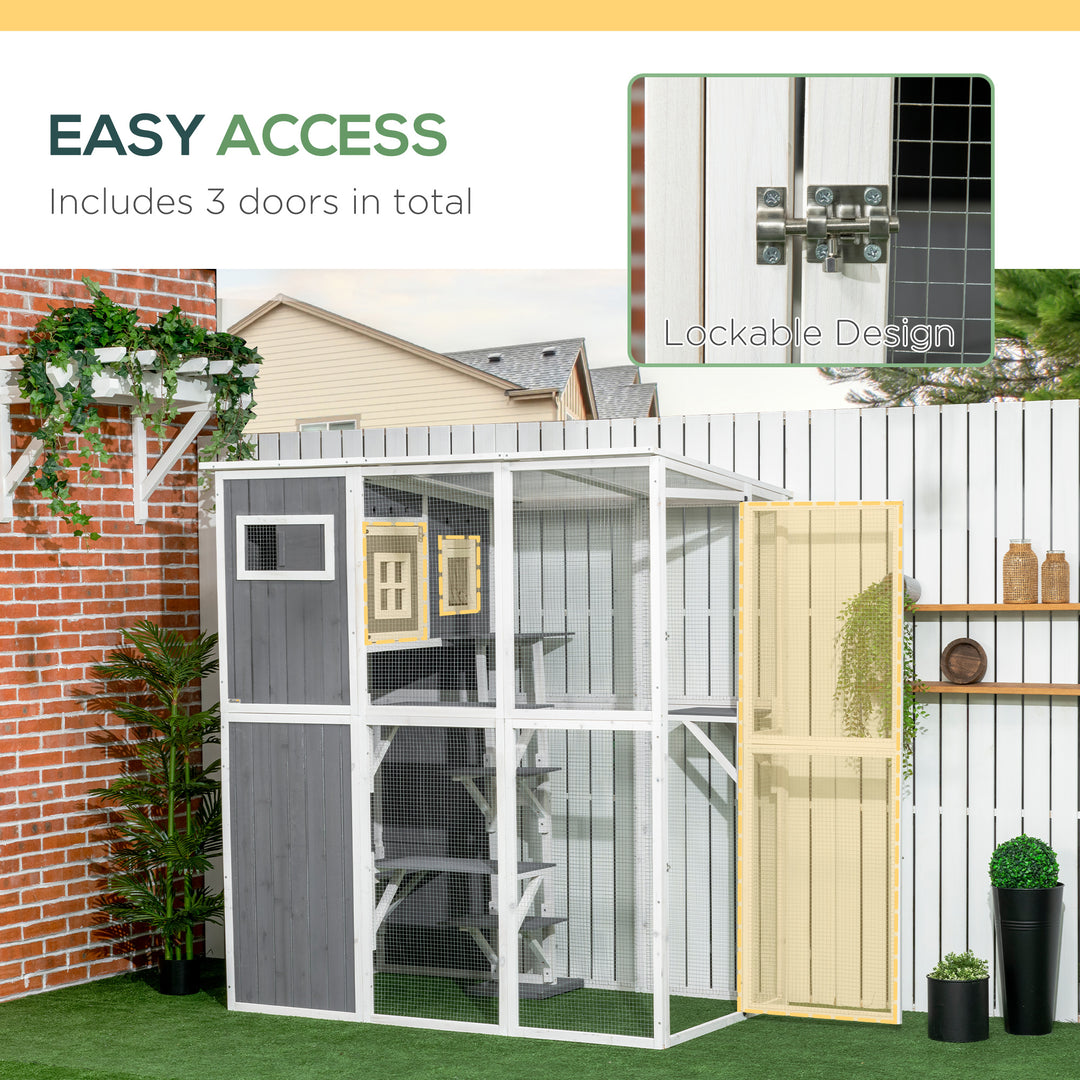 PawHut Wooden Cat Catio, 66.5"L Walk in Outdoor Cat House with PVC Weather Protection Roof, Multiple Platforms, Lockable Doors, Resting Condo, Observation Window, for 2 Cats