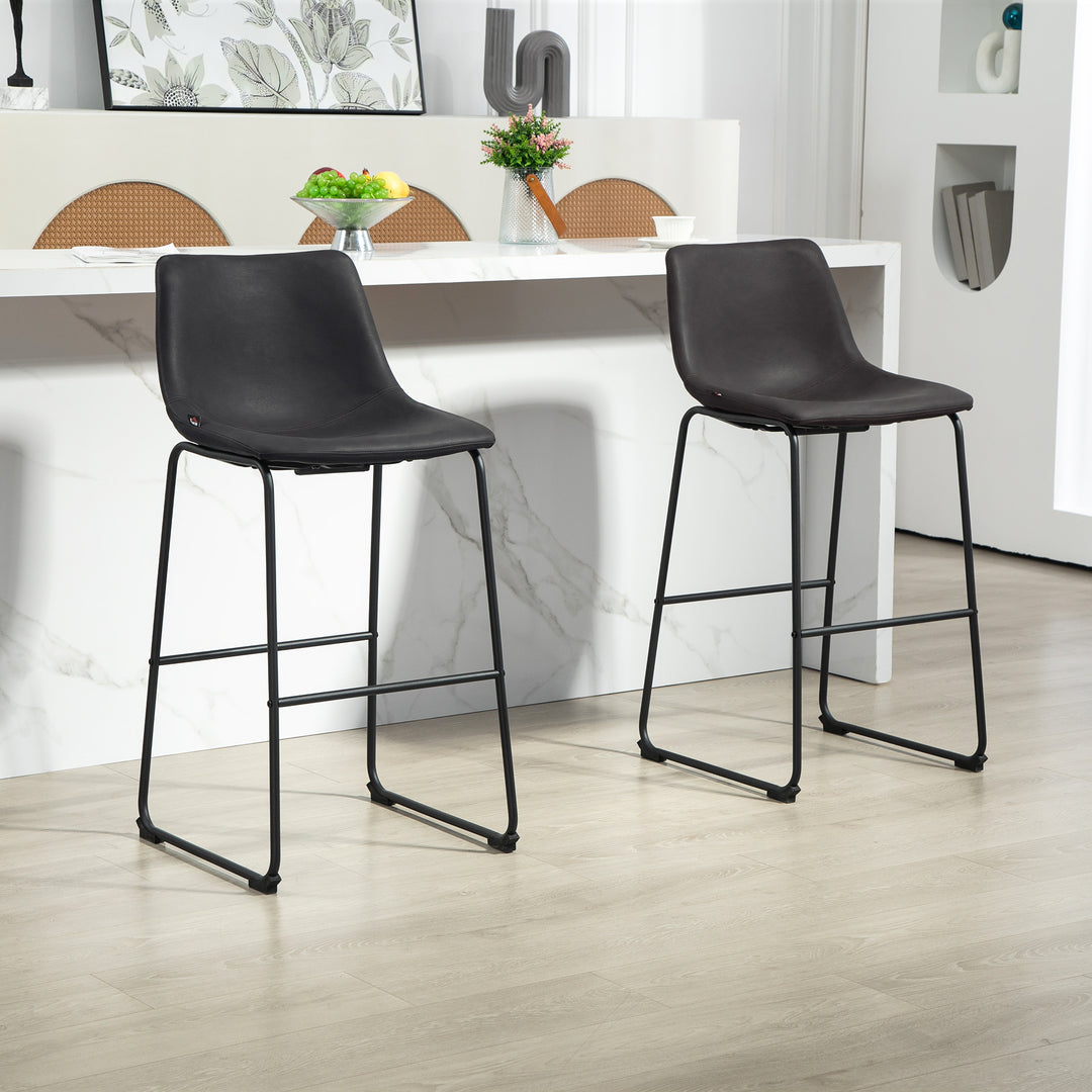 HOMCOM Bar Height Bar Stools Set of 2, Vintage PU Leather Bar Chairs, Kitchen Stools with Footrest for Home Bar, Dark Brown