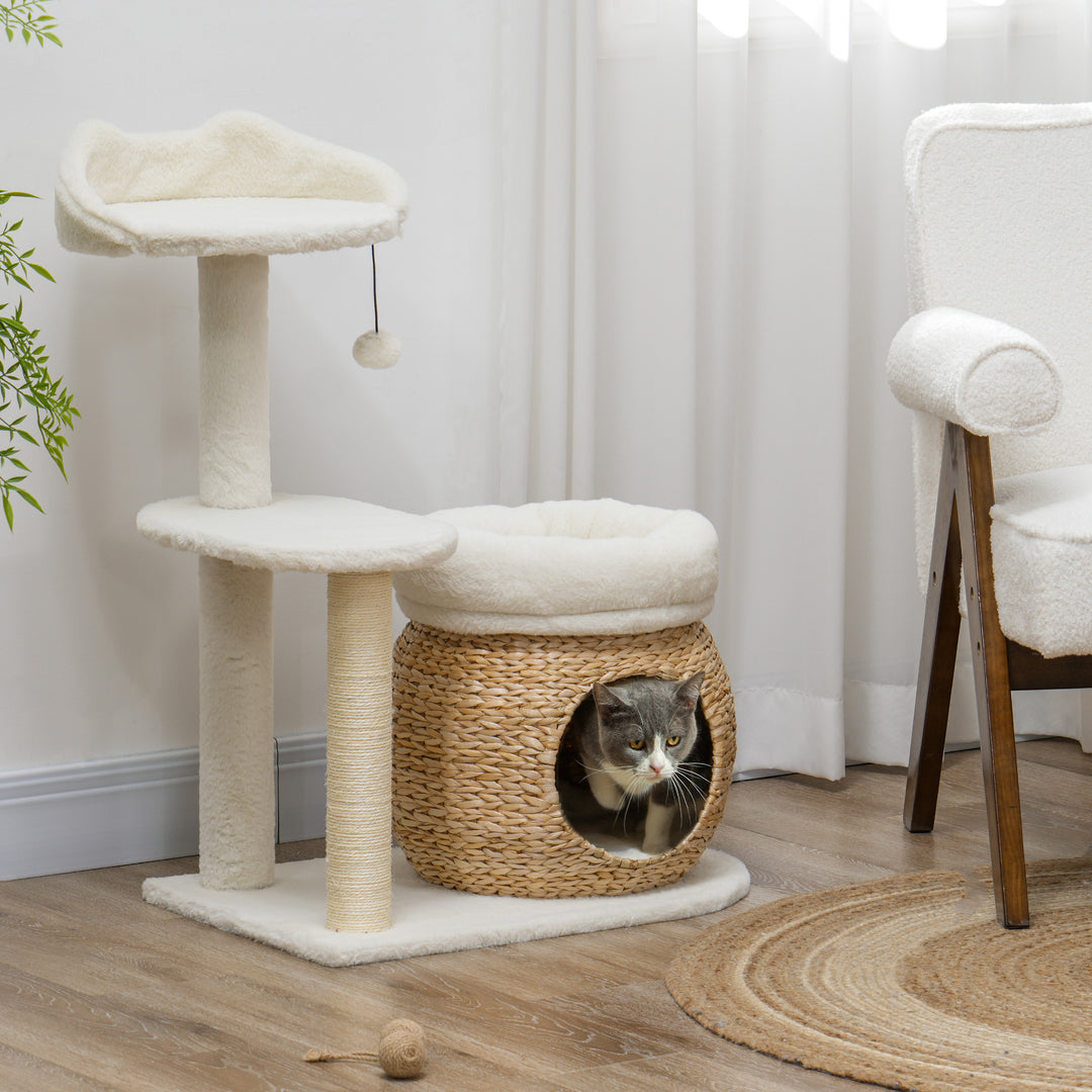 PawHut 31" Cat Tree Tower with Scratching Posts, Cat Condo, Beds, Platform, Toy Ball, for Indoor Cats, Cream White