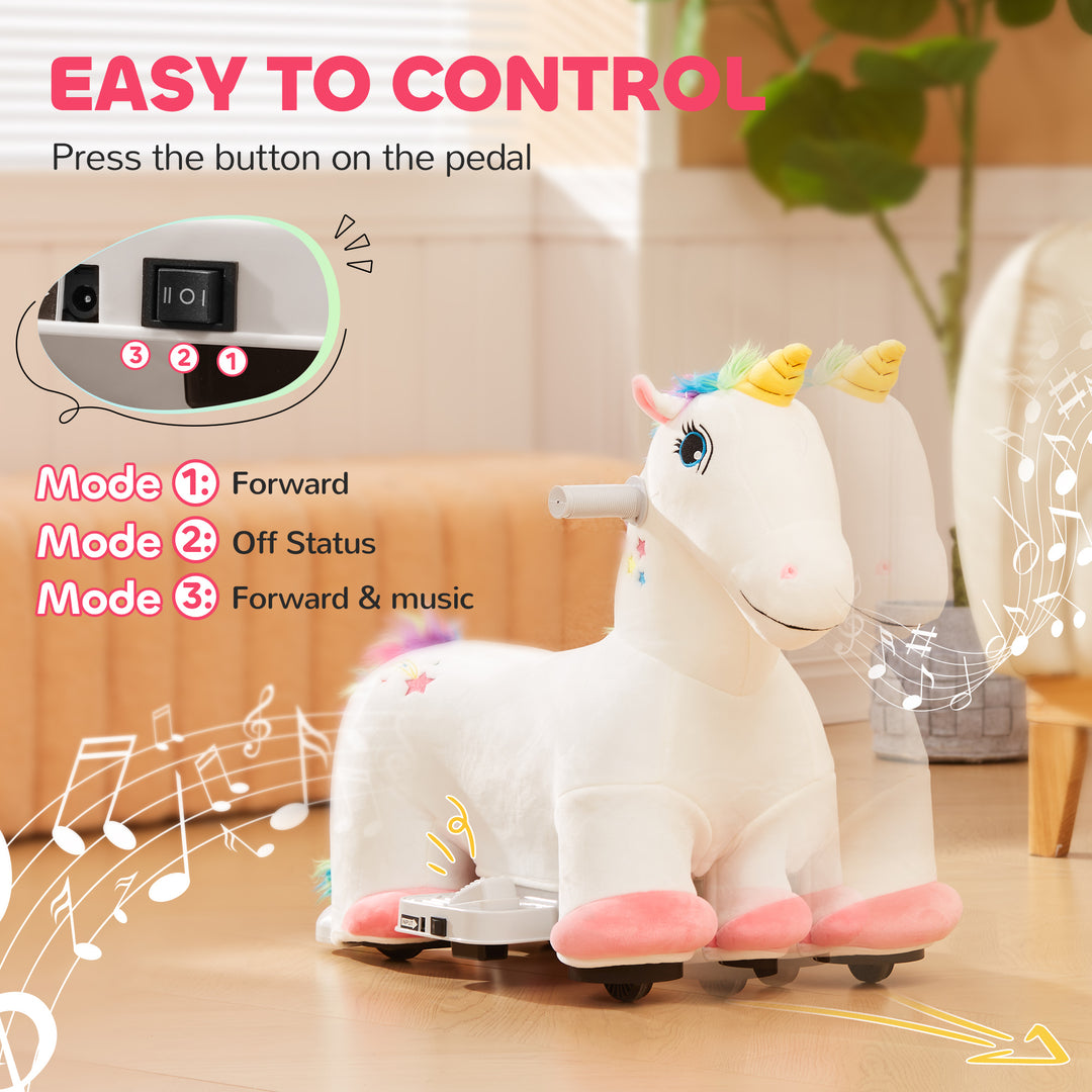 Qaba 6V Ride on Unicorn, Battery Powered Kids Riding Pony with Music Forward, Aged 18-36 Months, White