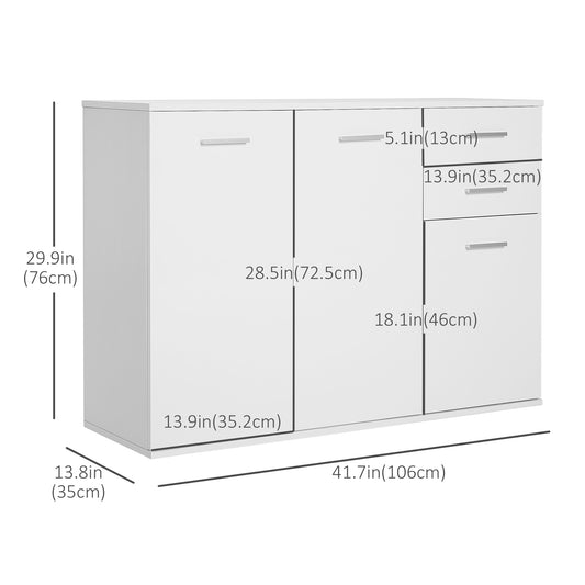 HOMCOM High Gloss Sideboard with 2 Drawers and 3 Doors, Buffet Cabinet with Adjustable Shelf, Coffee Bar Cabinet with Storage, White