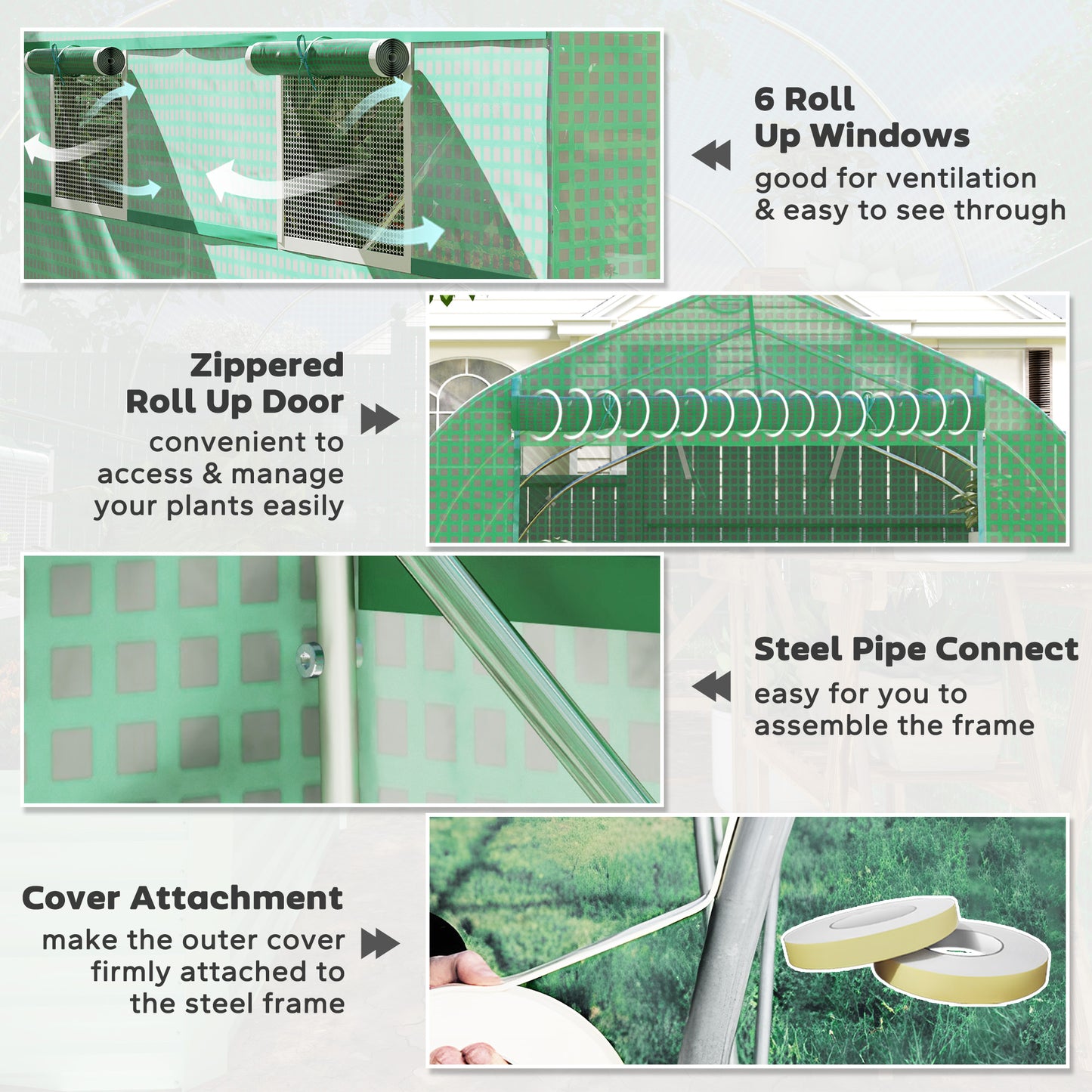 Outsunny 6.6' x 11' x 7' Walk-in Greenhouse Outdoor Plant Tunnel Warm Hot House w/ Roll Up Door and 6 Mesh Windows, Steel Frame, Green