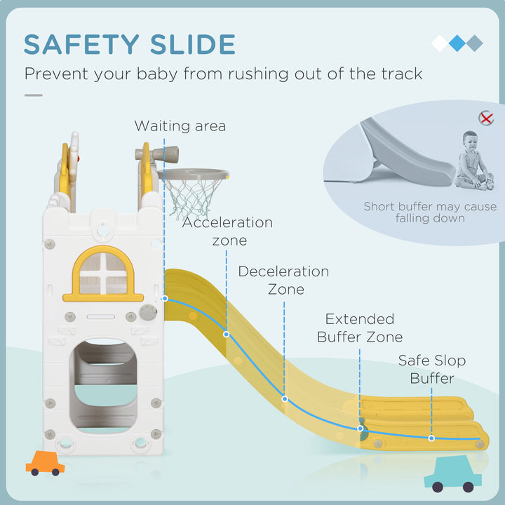 Qaba 7 in 1 Toddler Slide with Basketball Hoop, Climber, Telescope, Tunnel, Steering Wheel, for 1-3 Years, Yellow