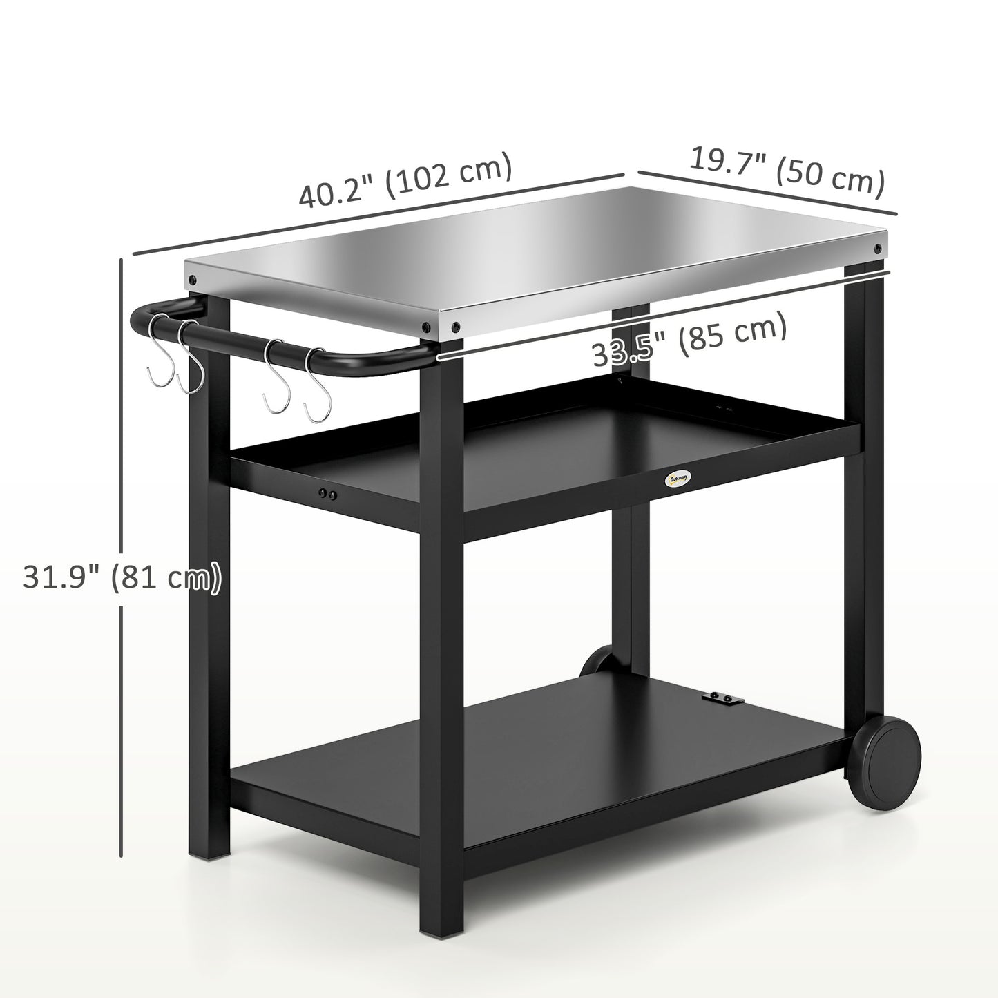 Outsunny 3-Shelf Outdoor Grill Dining Cart Pizza Oven Stand with Stainless Steel Top, Movable BBQ Food Prep Table Outdoor Kitchen Island with Hooks Wheels Handle, Charcoal Grey