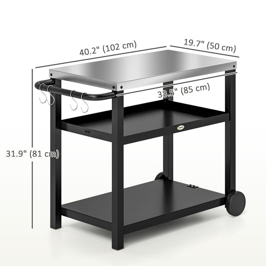 Outsunny 3-Shelf Outdoor Grill Dining Cart Pizza Oven Stand with Stainless Steel Top, Movable BBQ Food Prep Table Outdoor Kitchen Island with Hooks Wheels Handle, Charcoal Grey
