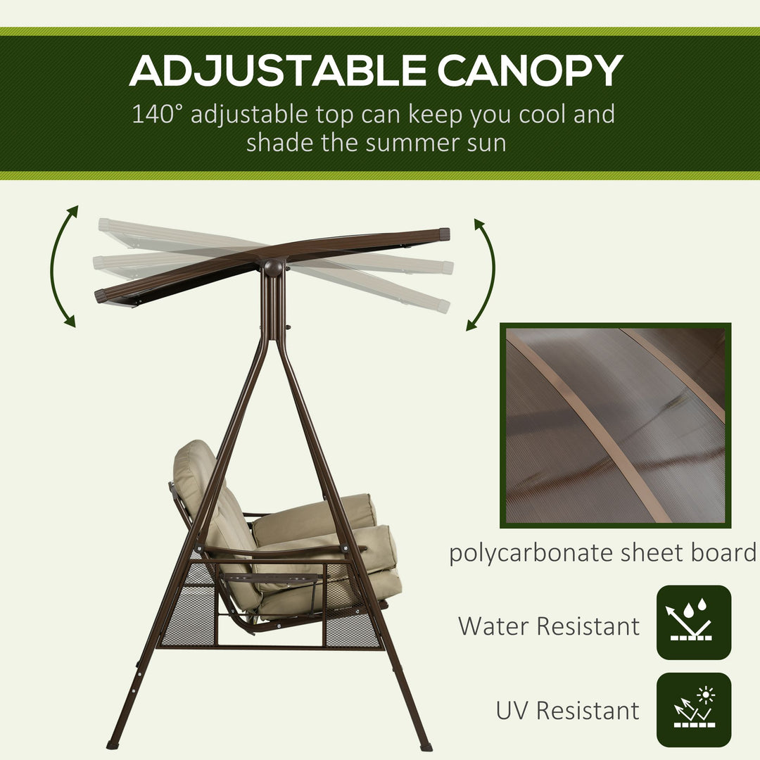 Outsunny 3-Seat Patio Swing Chair, Outdoor Canopy Swing Glider with Cushion, Pillows and Adjustable Polycarbonate Canopy for Porch, Garden, Poolside, Backyard, Khaki