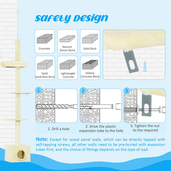 PawHut Floor to Ceiling Cat Tree with Scratching Post for Indoor Cats, Adjustable Height Cat Tower (91-102 Inches) with House, Bed, Beige