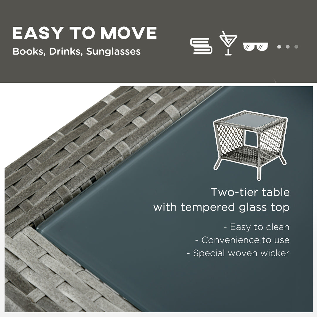 Outsunny 2 Pieces Wicker Patio Lounge Set w/ Cushions, Outdoor PE Rattan Sun Lounger Sets w/ 5-Level Reclining Chaise Chair & Two-tier Glass Top Coffee Table, Cream White