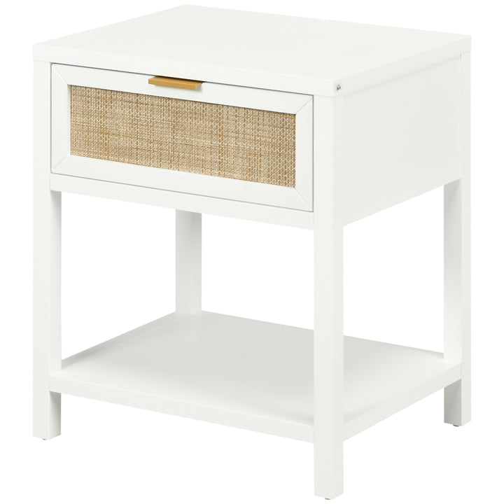 HOMCOM Boho Nightstand, Bedside Table with Rattan Drawer and Open Shelf, Side End Table for Bedroom, Living Room
