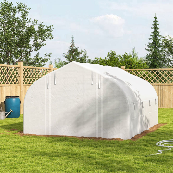 Outsunny 13 x 9.8ft Walk-in Polytunnel Greenhouse, Zipped Roll Up Sidewalls, Mesh Door, 8 Mesh Windows, Tunnel Warm House Tent with PE Cover, Plant Labels and Gloves, White