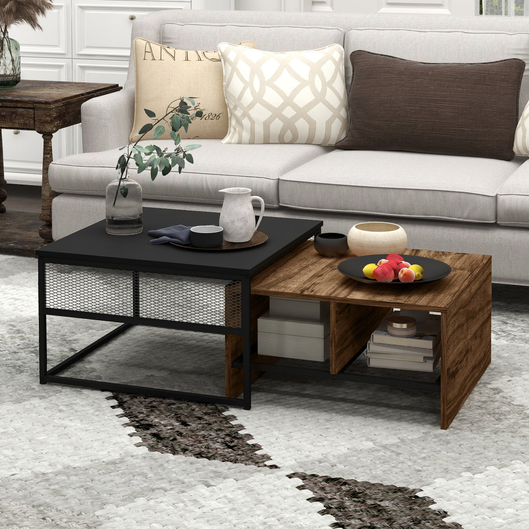 HOMCOM Coffee Table Set of 2, Industrial Nesting Tables, Square Coffee Table and Narrow Sofa Side Table for Living Room