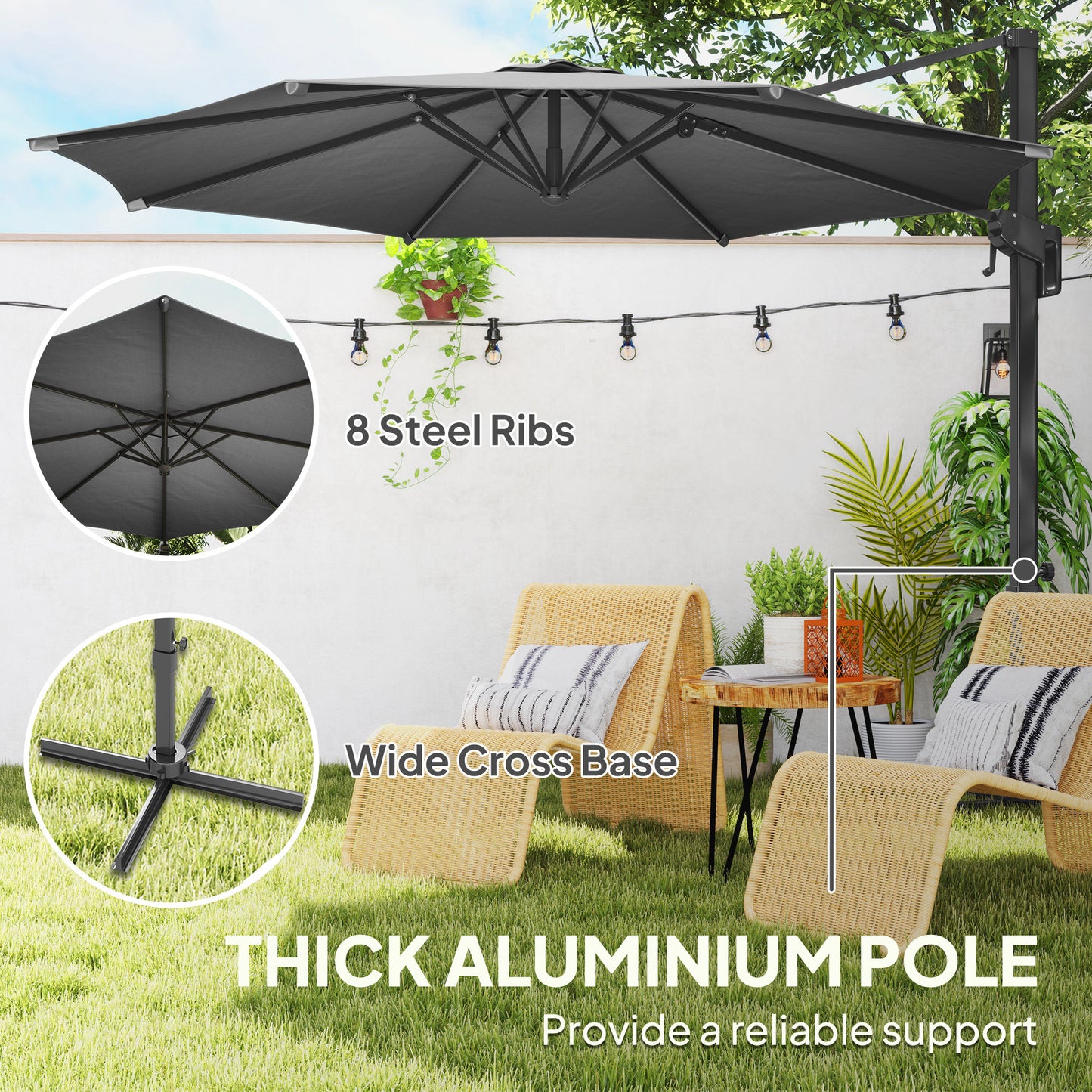 Outsunny 10' Offset Patio Umbrella Cantilever Umbrella with Aluminium Pole 360Â° Rotation and Tilt Adjustment, Grey