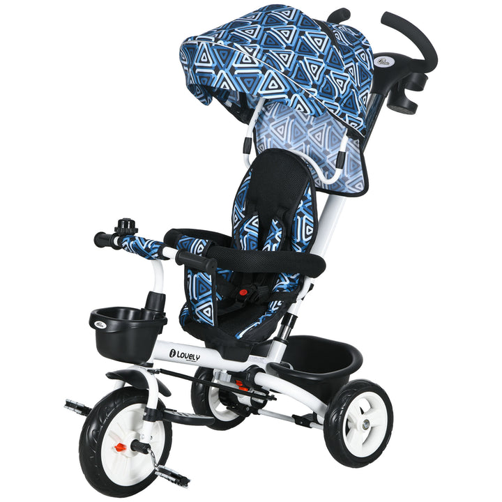 Qaba 6 in 1 Toddler Tricycle with Parent Push Handle, Canopy, Storage Baskets, Cupholder, Dark Blue
