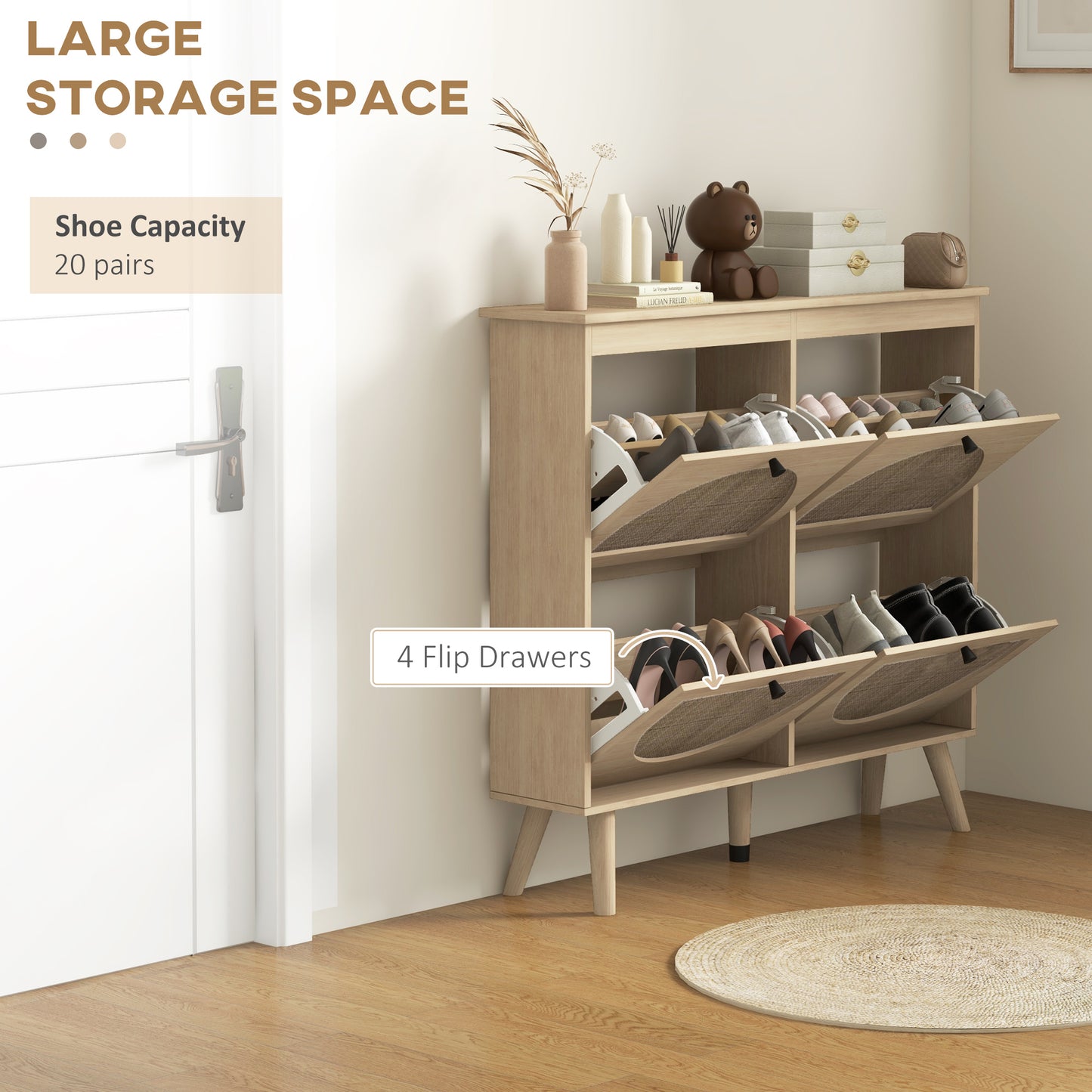 HOMCOM Shoe Cabinet for entryway, Shoe Storage Cabinet with 4 Flip Drawers and Adjustable Shelves for 20 Pairs of Shoes, Oak