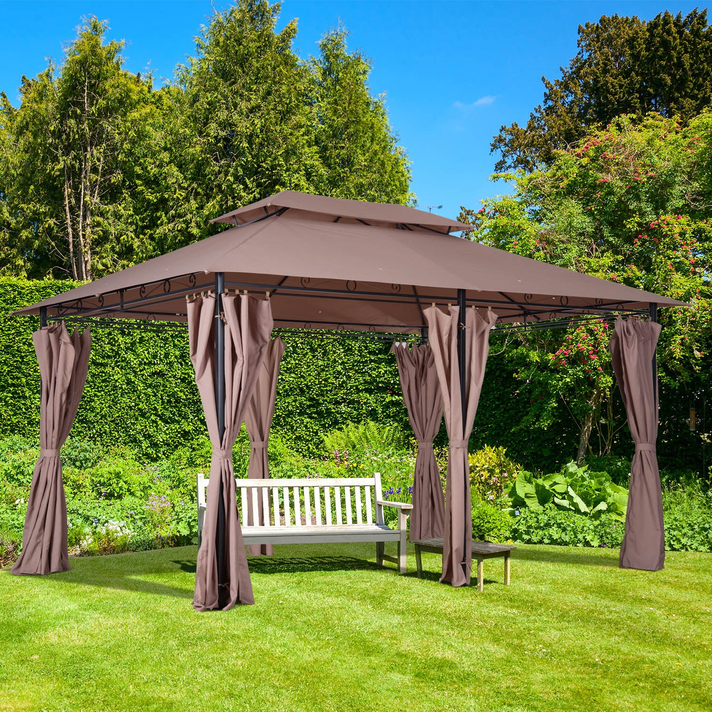 Outsunny 10' x 13' Patio Gazebo, Outdoor 2-Tiers Garden Canopy Yard Sunshade Shelter with Curtains, Khaki