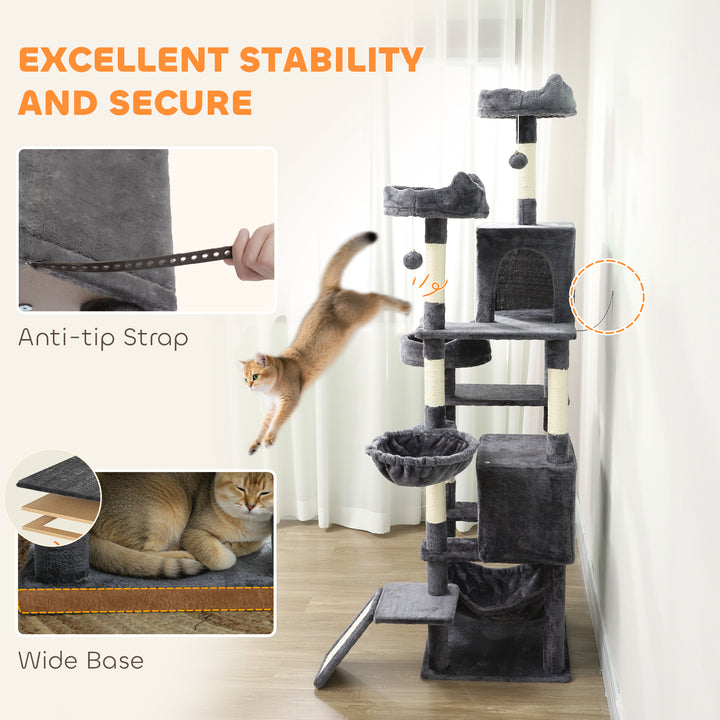 PawHut 76" Large Cat Tree for Indoor Cats with 8 Scratching Posts, 3 Plush Beds, 2 Hammocks, 2 Large Condos, Ramp, Dark Grey