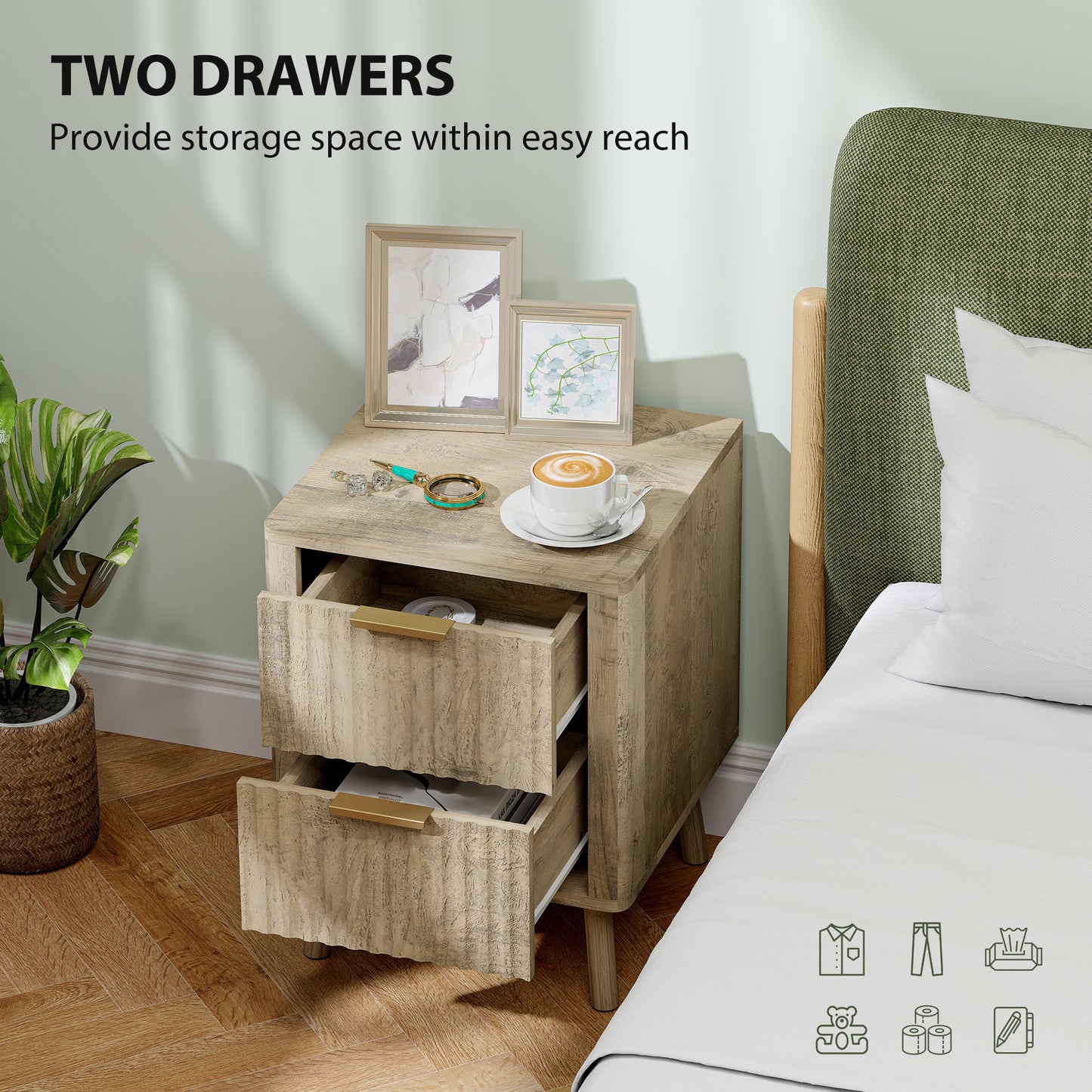 HOMCOM Night Stands Set of 2, Nightstands with Finger Pulls and Fluted Drawers, Bedside Tables with Round Edges, Oak