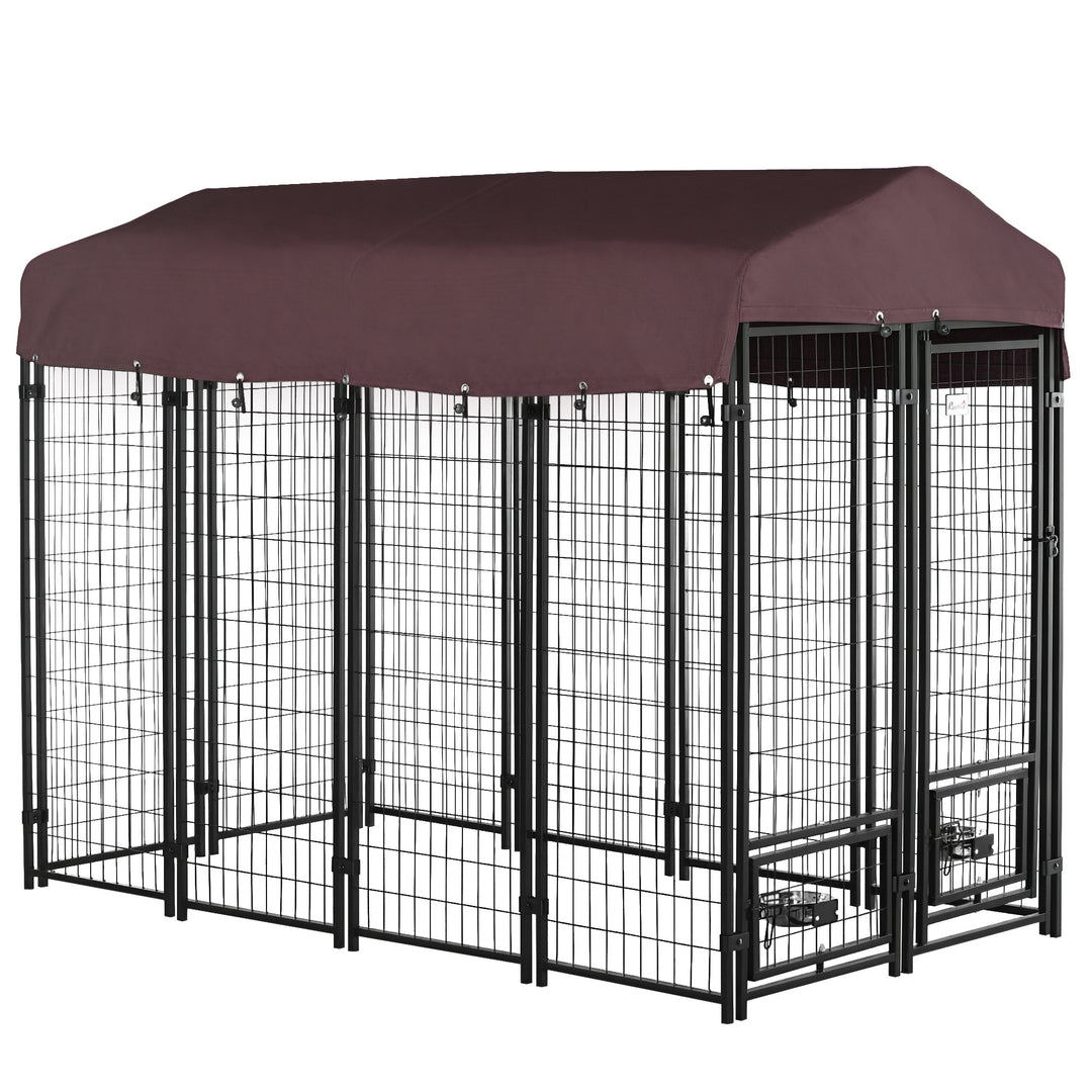 PawHut Outdoor Dog Kennel, Lockable Pet Playpen Crate, Welded Wire Steel Fence, Rotating Bowl Holders, Green