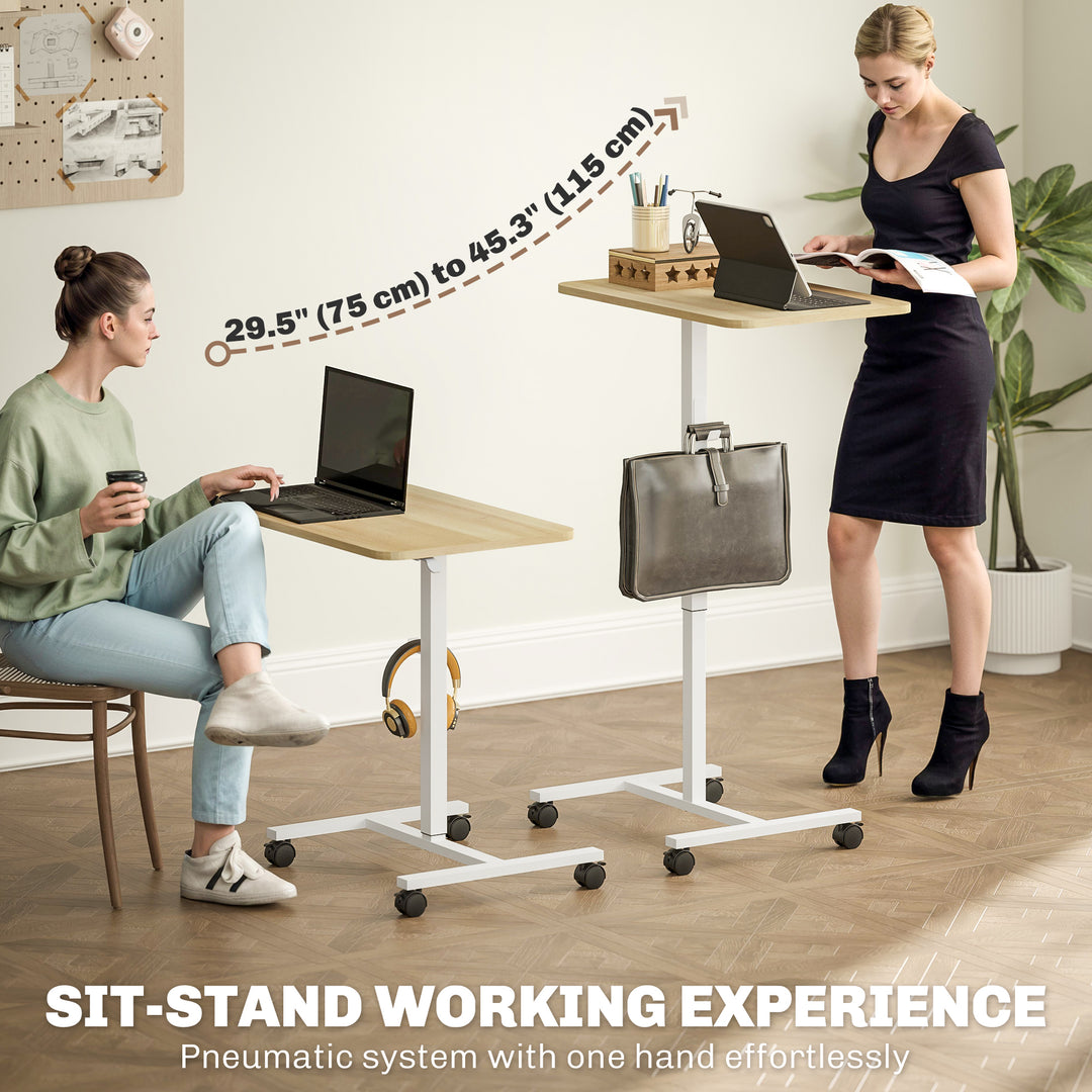 HOMCOM Height Adjustable Standing Desk, Pneumatic Sit Stand Desk with Wheels and Headphone Hook for Home Office, Natural