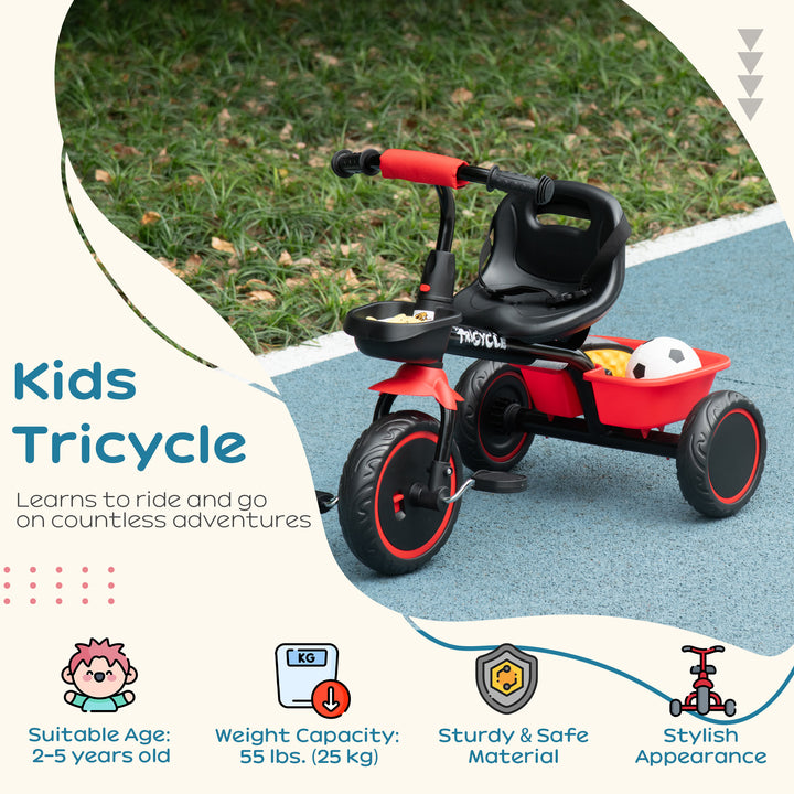 Qaba Large Kids Tricycle for Toddler 2-5 Year Old Girls and Boys, Toddler Trike Bike with Adjustable Seat, Safety Belt,  Two Storage Baskets, Red