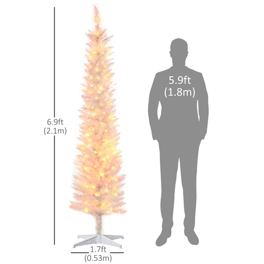 HOMCOM 7' Prelit Christmas Trees, Pencil Artificial Christmas Tree with Colourful Surface Tips, Colourful LED Lights, White