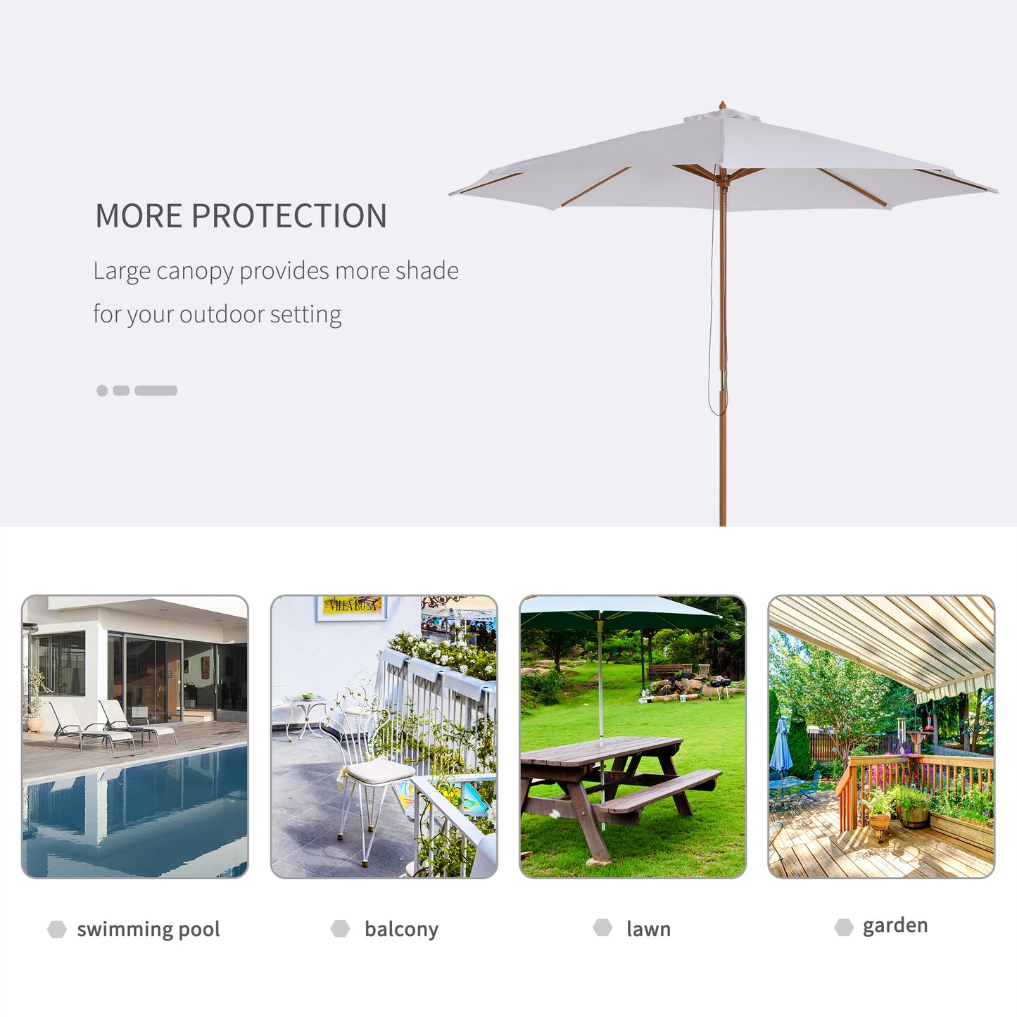 Outsunny 10' x 8' Bamboo Wooden Round Market Patio Sun Umbrella Garden Parasol Outdoor Sunshade Canopy, White