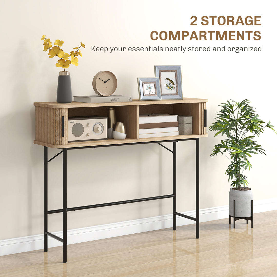 HOMCOM Mid-Century Narrow Console Table with Slatted Tambour Sliding Doors, Entryway Table with Steel Legs, Oak and Black