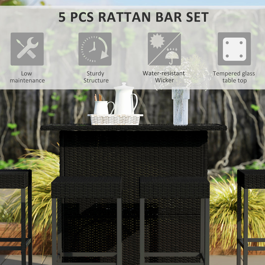Outsunny 5 Pieces Patio Bar Set, Outdoor PE Rattan Wicker High Top Outdoor Table and Chairs Outdoor Bar Set with Tempered Glass Top Bar Table and Shelves, 4 Bar Chairs, Dark Brown