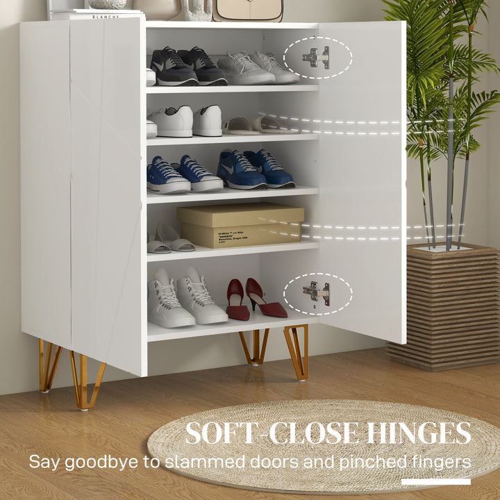 HOMCOM Narrow Shoe Storage Cabinet with Soft-Close Hinges and Adjustable Shelves for 15-20 Pairs of Shoes, High Gloss White