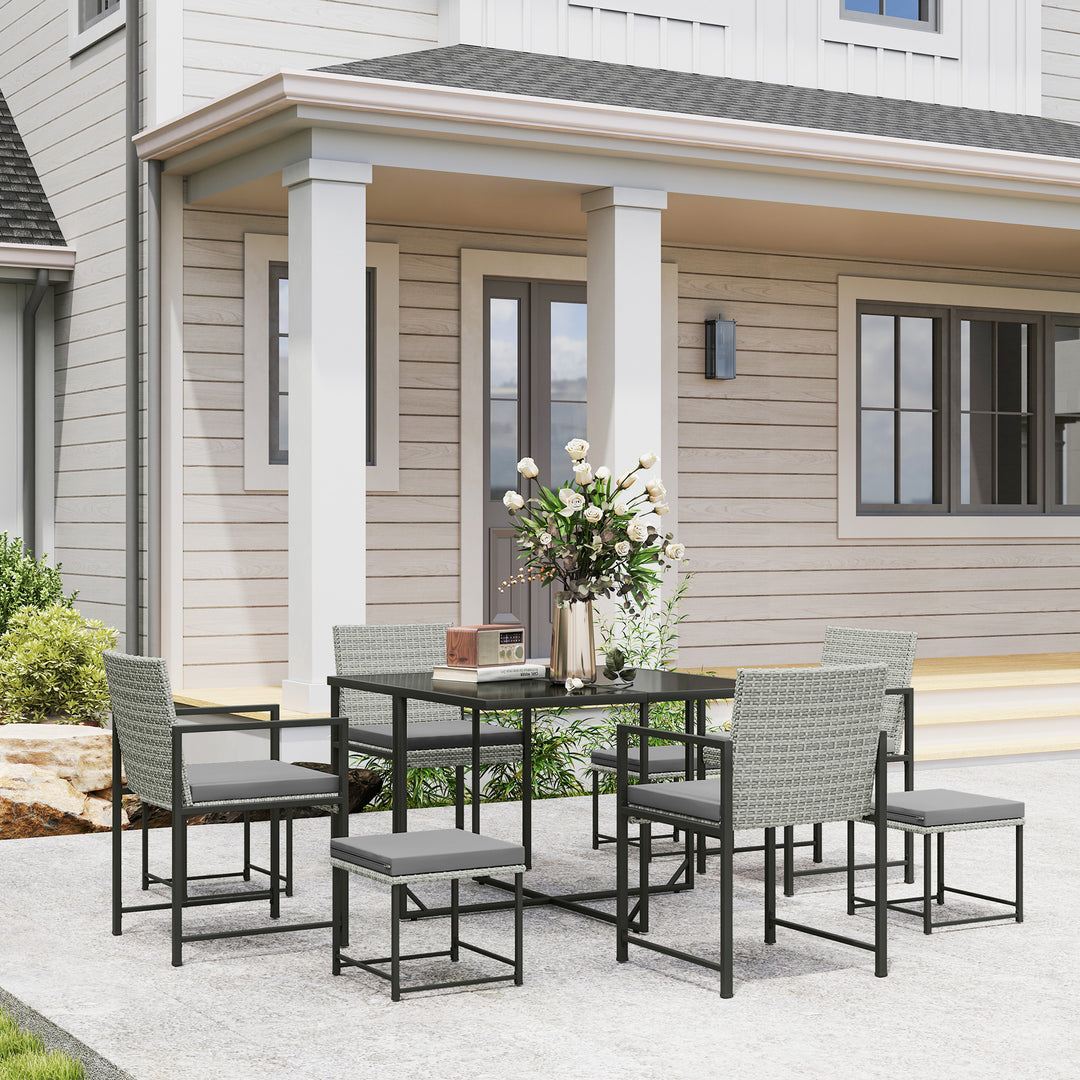 Outsunny 9 Pieces Wicker Patio Dining Set with 4 Armchairs, 4 Stools, Tempered Glass Top, Removable Cushions, Light Grey