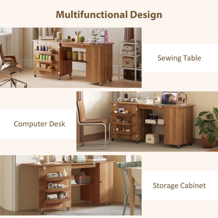 HOMCOM Sewing Machine Table with Drop Leaf, Folding Craft Table with 2 Doors and Adjustable Shelf for Small Spaces, Natural