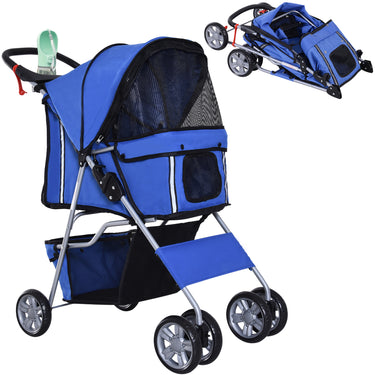 PawHut 4 Wheel Pet Stroller for Small Dogs Cats, Dog Stroller with Folding Sunshade Canopy, Pet Carrier Folding Sunshade Canopy with Brake, Safety Leash, Cup Holder, Blue