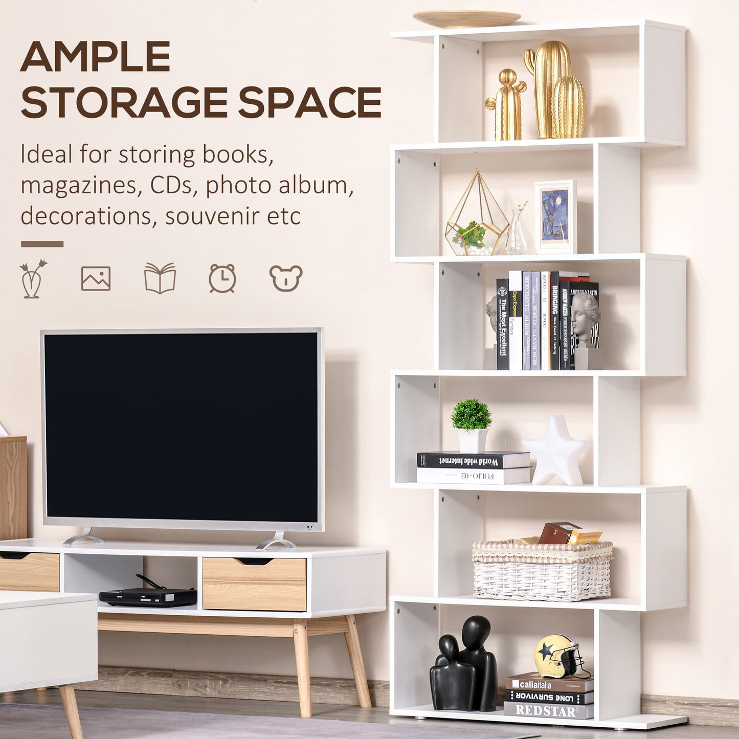 HOMCOM Wooden S Shape Bookcase 6 Shelves Storage Display Home Office Furniture
