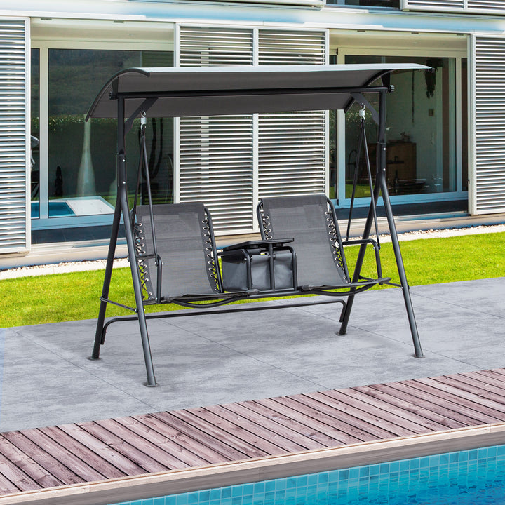 Outsunny 2 Person Covered Porch Swing Patio Swing with Pivot Storage Table, Cup Holder, & Adjustable Overhead Canopy, Grey