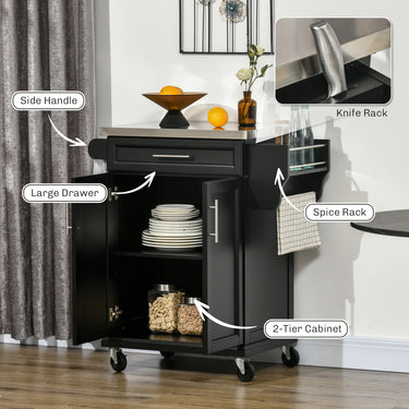 HOMCOM Kitchen Island with Stainless Steel Top, Rolling Kitchen Cart on Wheels with Storage Drawer, Cabinet, Towel Rack and Spice Rack (Black)